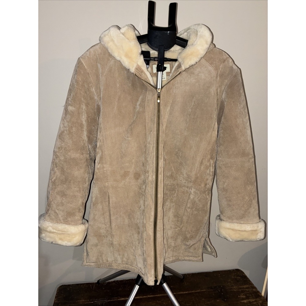 Vintage St. John's Bay Washable Tan Leather Suede & Faux Shearling Fur Coat- Lar
